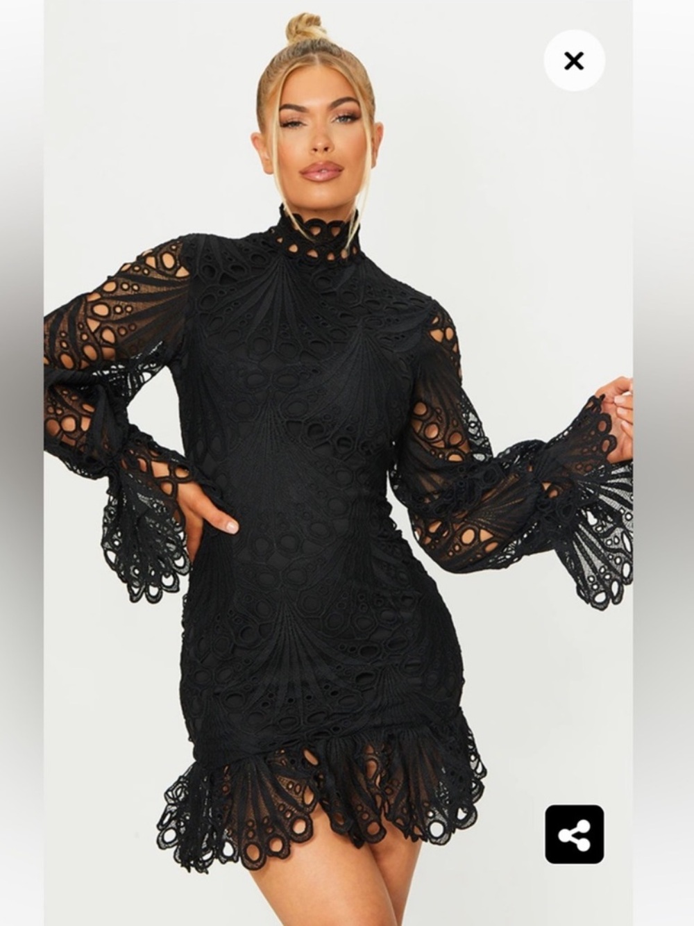 PrettyLittleThing Black Crochet Lace High Neck Mini Dress